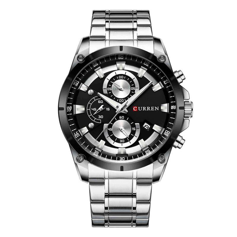 M:8360 Curren Black Dial Silver Steel Chain Chronograph Analog Quartz Watch. - Timecheck