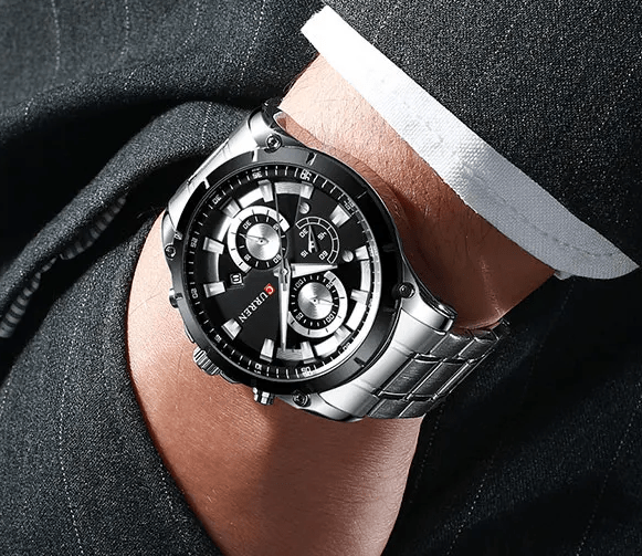M:8360 Curren Black Dial Silver Steel Chain Chronograph Analog Quartz Watch. - Timecheck
