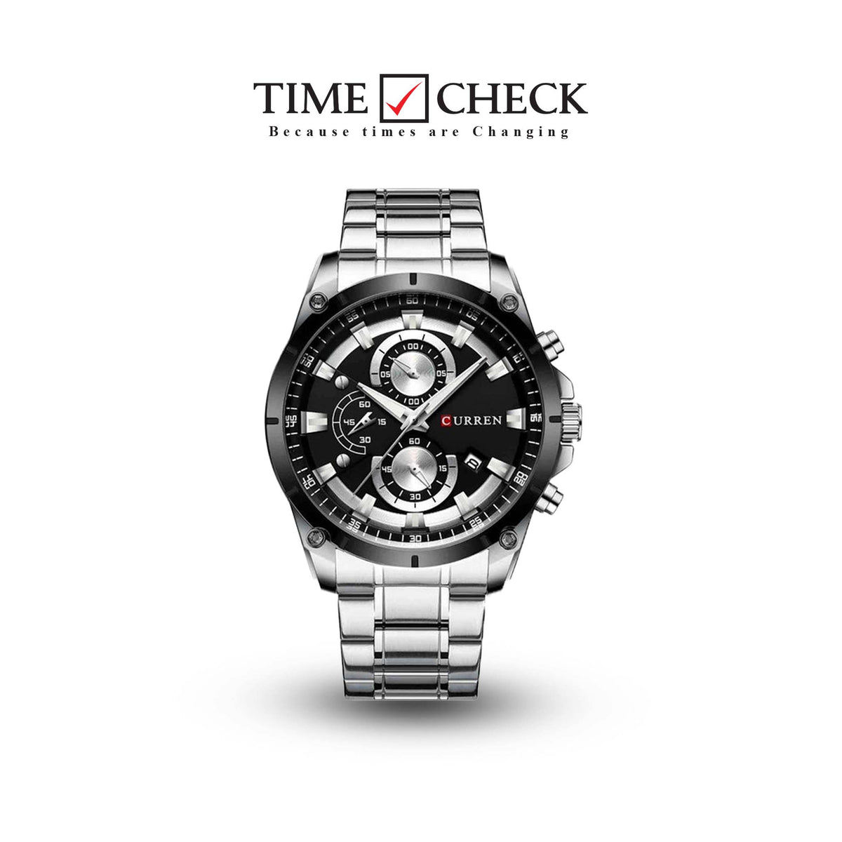 M:8360 Curren Black Dial Silver Steel Chain Chronograph Analog Quartz Watch. - Timecheck