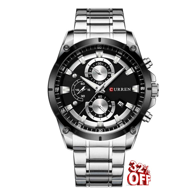 M:8360 Curren Black Dial Silver Steel Chain Chronograph Analog Quartz Watch. - Timecheck