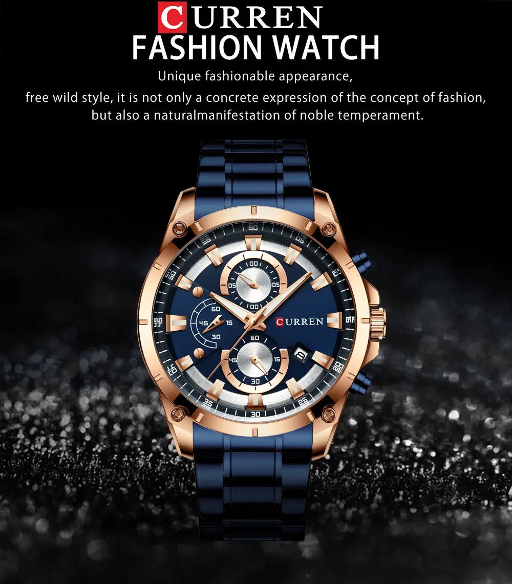 M:8360 Curren Blue Dial Blue Steel Chain Chronograph Analog Quartz Watch. - Timecheck