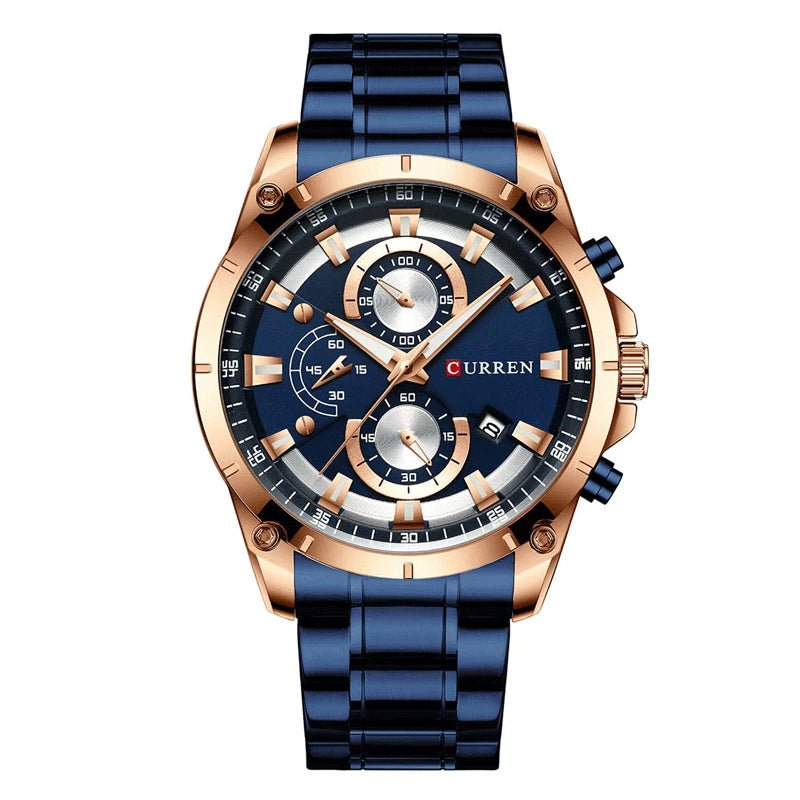 M:8360 Curren Blue Dial Blue Steel Chain Chronograph Analog Quartz Watch. - Timecheck