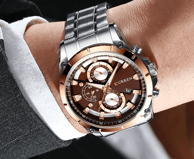M:8360 Curren Brown Dial Silver Steel Chain Chronograph Analog Quartz Watch. - Timecheck