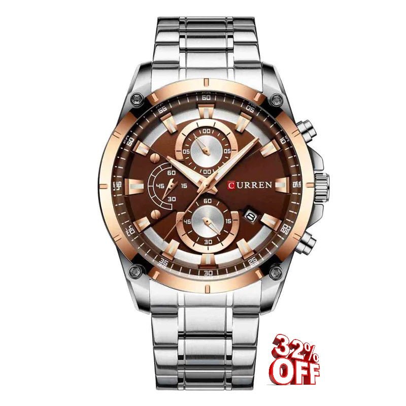 M:8360 Curren Brown Dial Silver Steel Chain Chronograph Analog Quartz Watch. - Timecheck