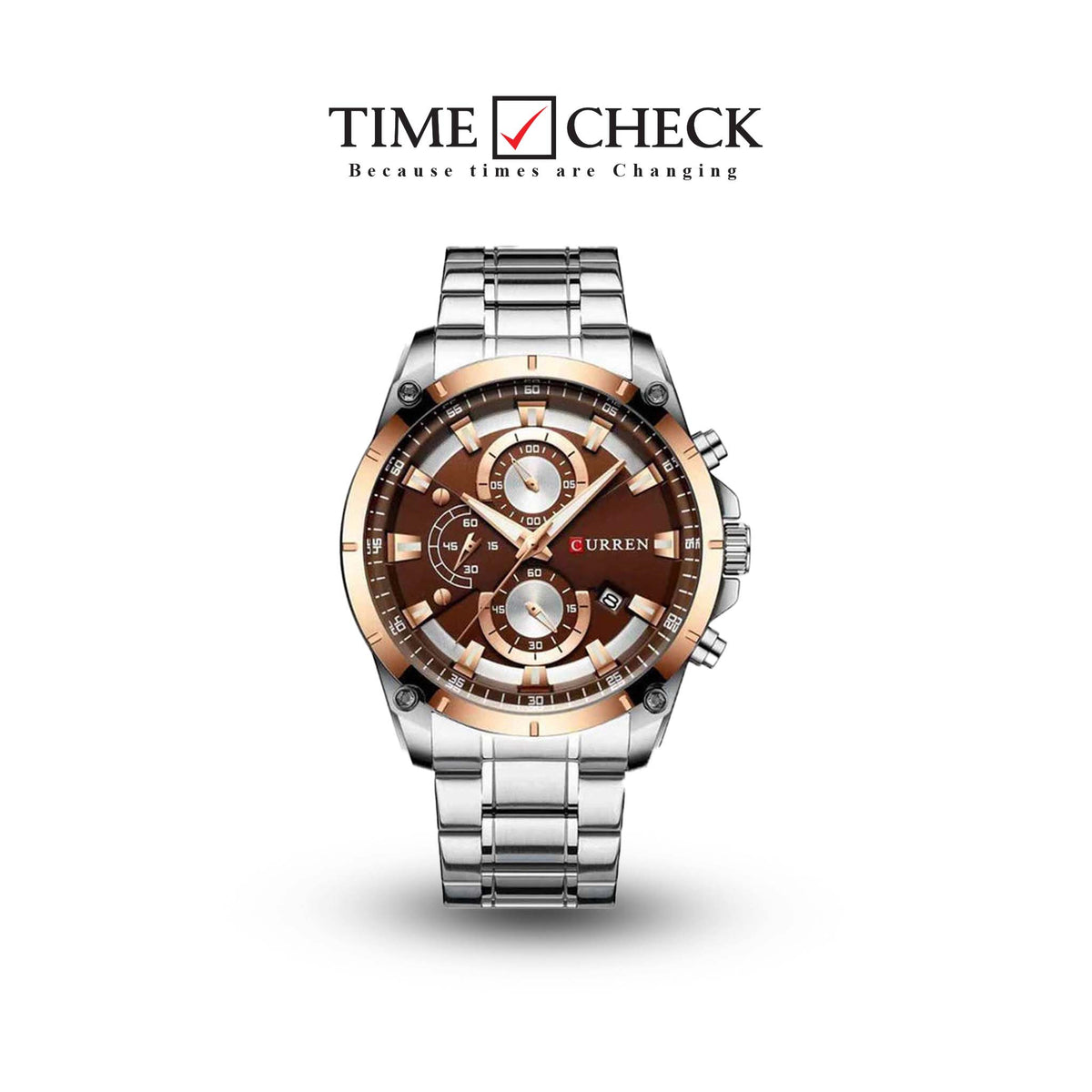 M:8360 Curren Brown Dial Silver Steel Chain Chronograph Analog Quartz Watch. - Timecheck