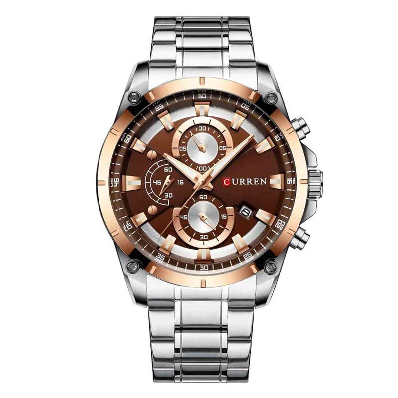 M:8360 Curren Brown Dial Silver Steel Chain Chronograph Analog Quartz Watch. - Timecheck