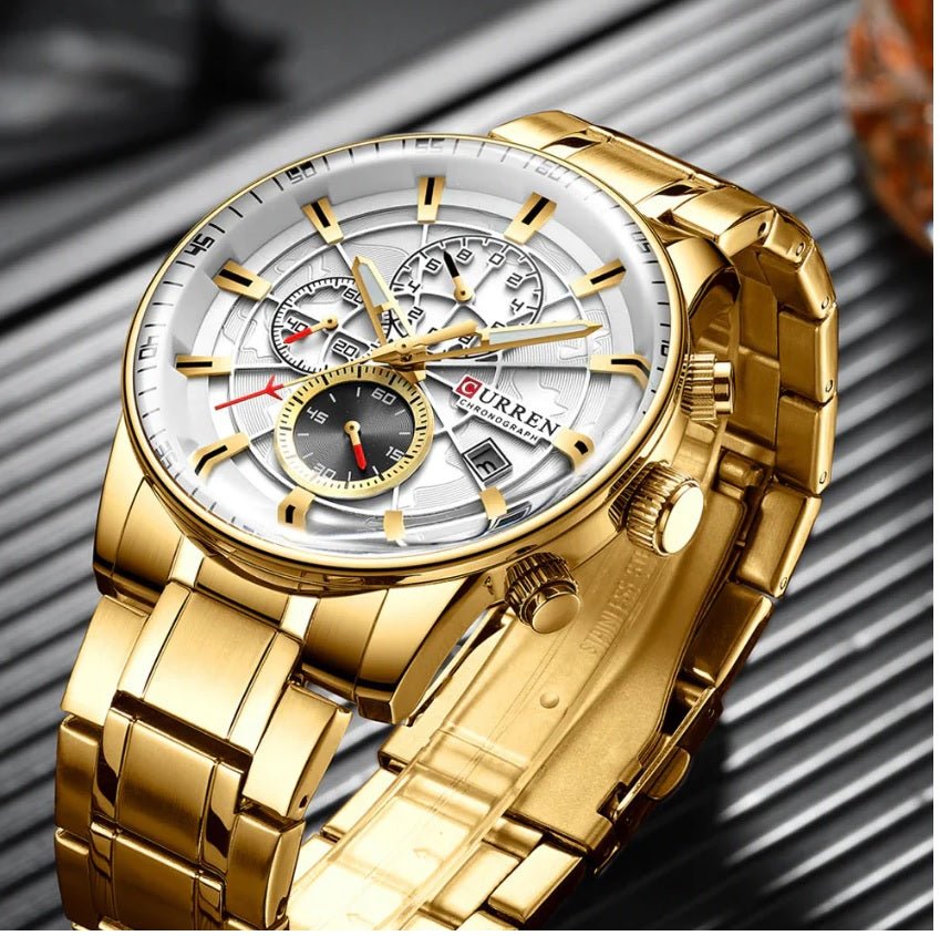M:8362 Curren white Dial golden Stainless Steel Quartz Chronograph Men's Watch. - Timecheck