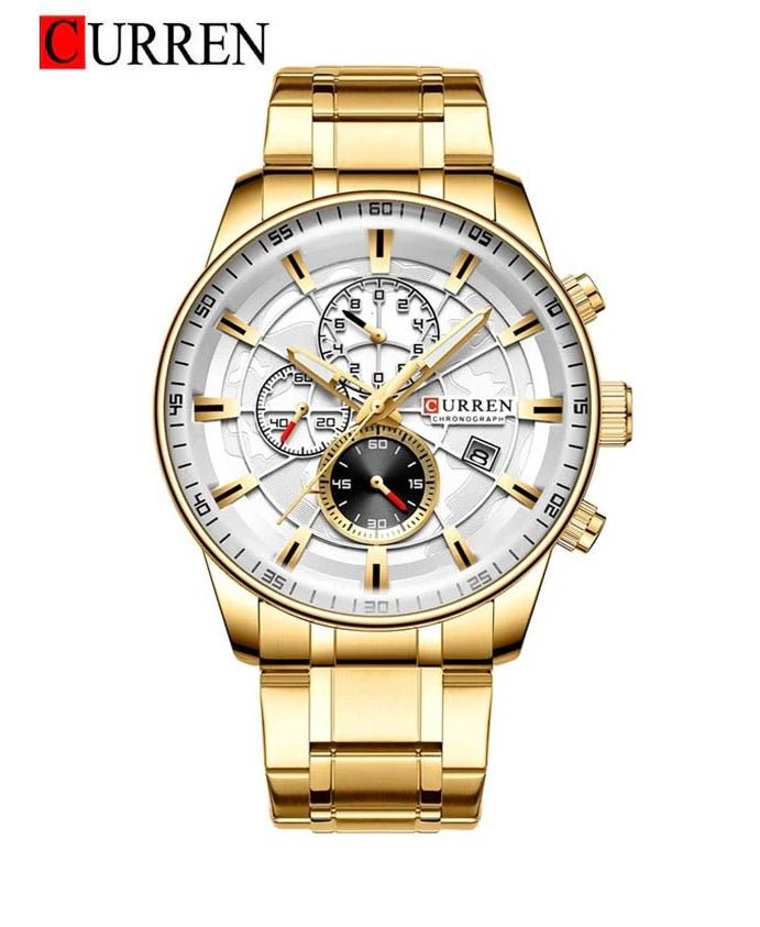 M:8362 Curren white Dial golden Stainless Steel Quartz Chronograph Men's Watch. - Timecheck