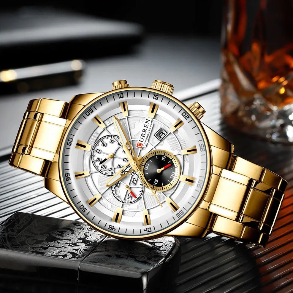 M:8362 Curren white Dial golden Stainless Steel Quartz Chronograph Men's Watch. - Timecheck