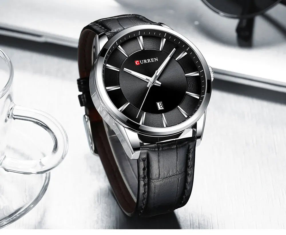 M:8365 Curren Black Dial Black Leather Strap Classic Analog Quartz Men's Watch. - Timecheck