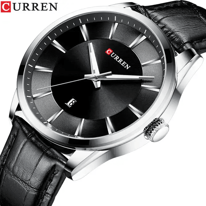 M:8365 Curren Black Dial Black Leather Strap Classic Analog Quartz Men's Watch. - Timecheck