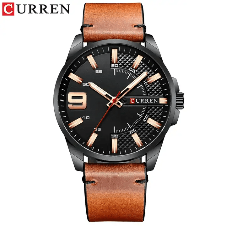 M:8371 Curren Black Dial Brown Leather Strap Analog Quartz Men's Watch. - Timecheck
