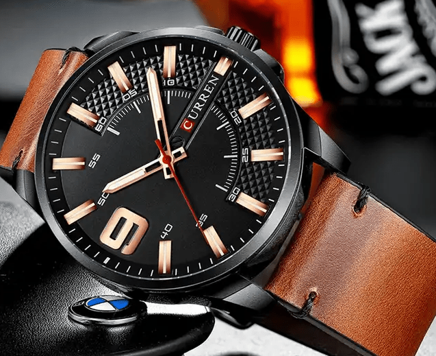 M:8371 Curren Black Dial Brown Leather Strap Analog Quartz Men's Watch. - Timecheck