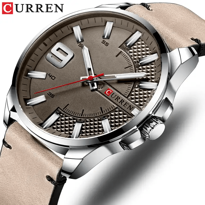 M:8371 Curren Gray Dial Gray Leather Strap Analog Quartz Men's Watch. - Timecheck
