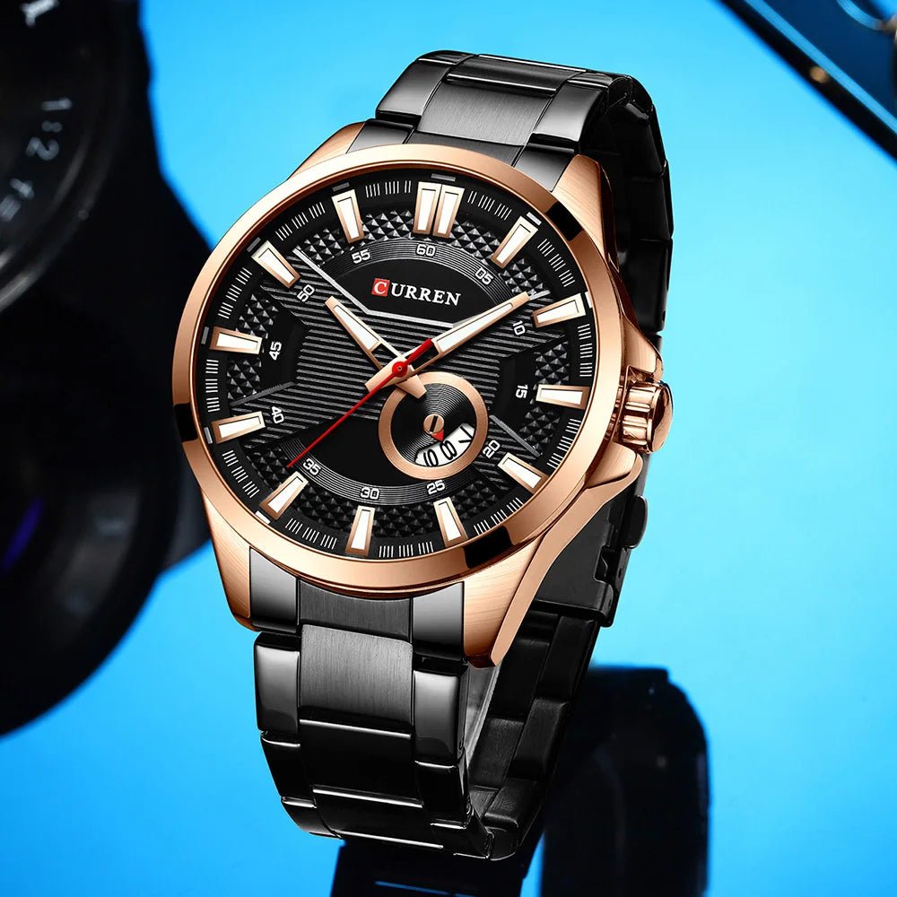 M:8372 Curren Black Stainless Steel & Round Analog Dial Fashion Causal Men's Watch. - Timecheck