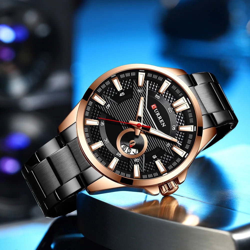 M:8372 Curren Black Stainless Steel & Round Analog Dial Fashion Causal Men's Watch. - Timecheck