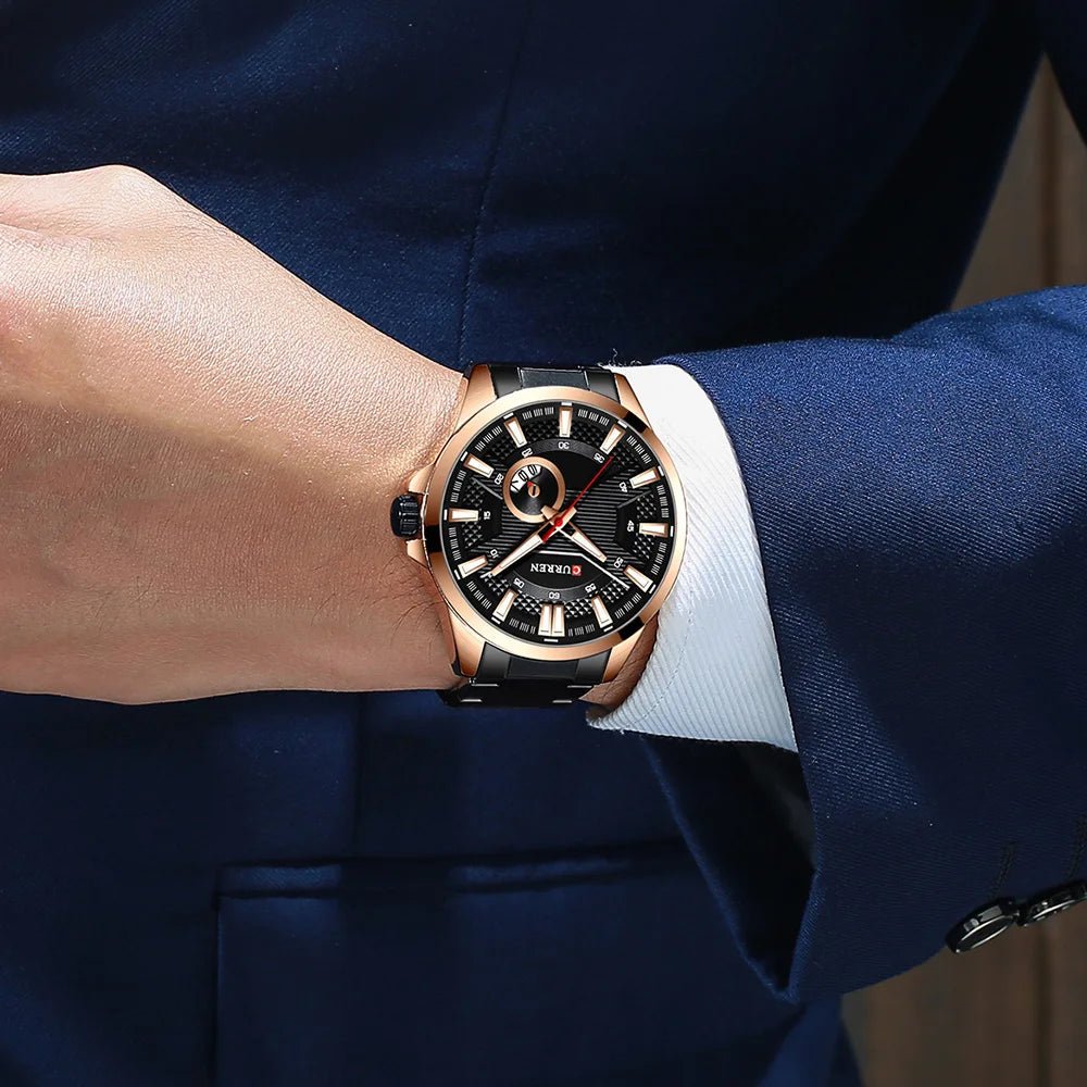 M:8372 Curren Black Stainless Steel & Round Analog Dial Fashion Causal Men's Watch. - Timecheck