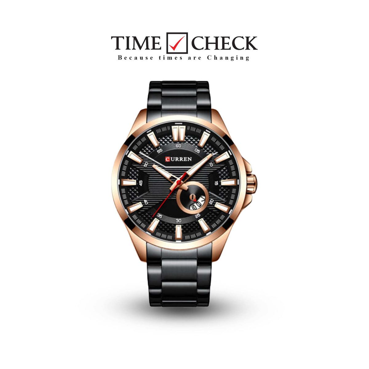 M:8372 Curren Black Stainless Steel & Round Analog Dial Fashion Causal Men's Watch. - Timecheck
