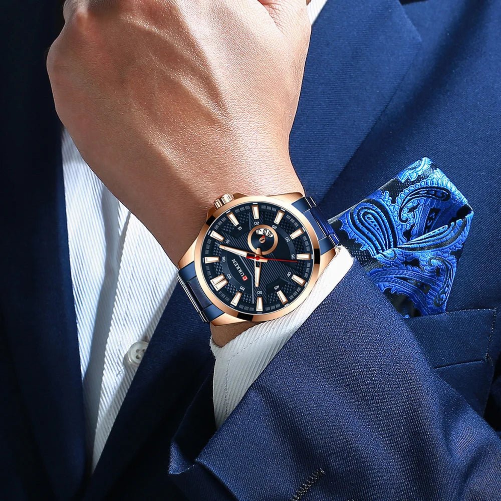 M:8372 Curren Blue Stainless Steel & Round Analog Dial Fashion Causal Men's Watch. - Timecheck