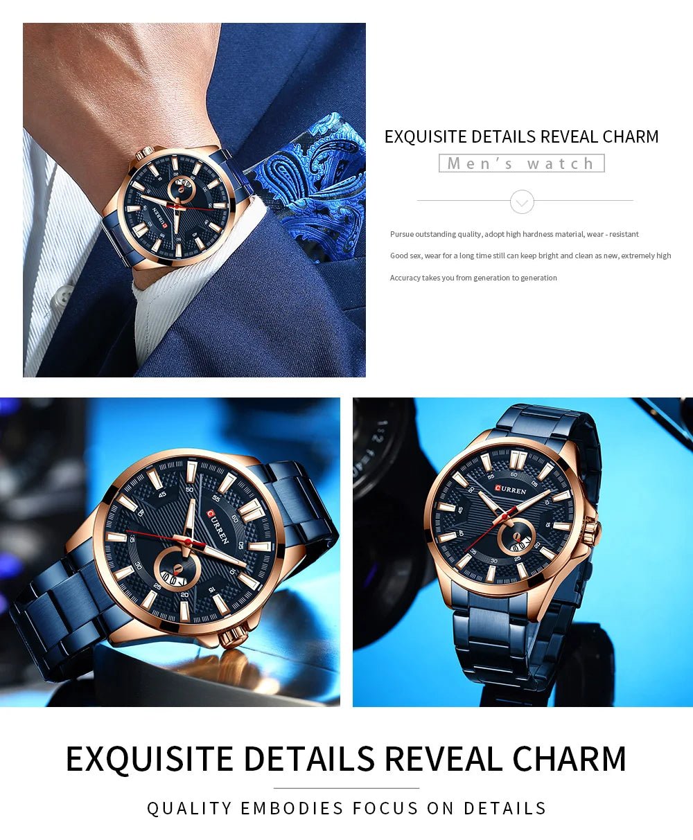 M:8372 Curren Blue Stainless Steel & Round Analog Dial Fashion Causal Men's Watch. - Timecheck