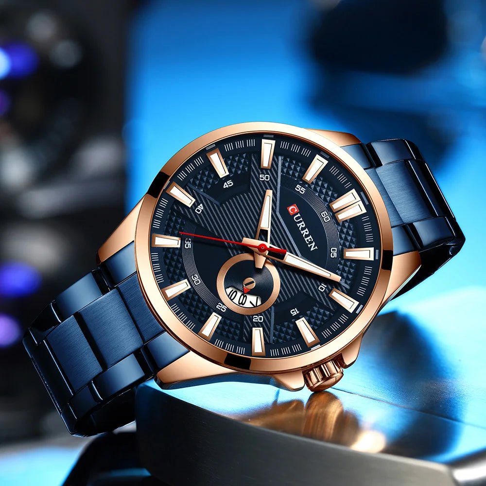M:8372 Curren Blue Stainless Steel & Round Analog Dial Fashion Causal Men's Watch. - Timecheck