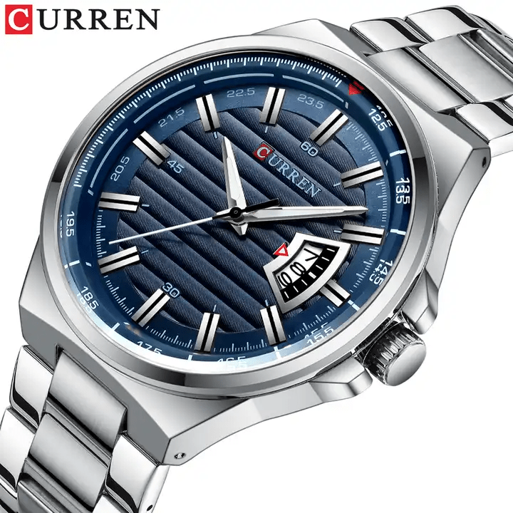 M:8375 Curren Blue Dial Silver Stainless Steel Analog Quartz Men's Watch. - Timecheck