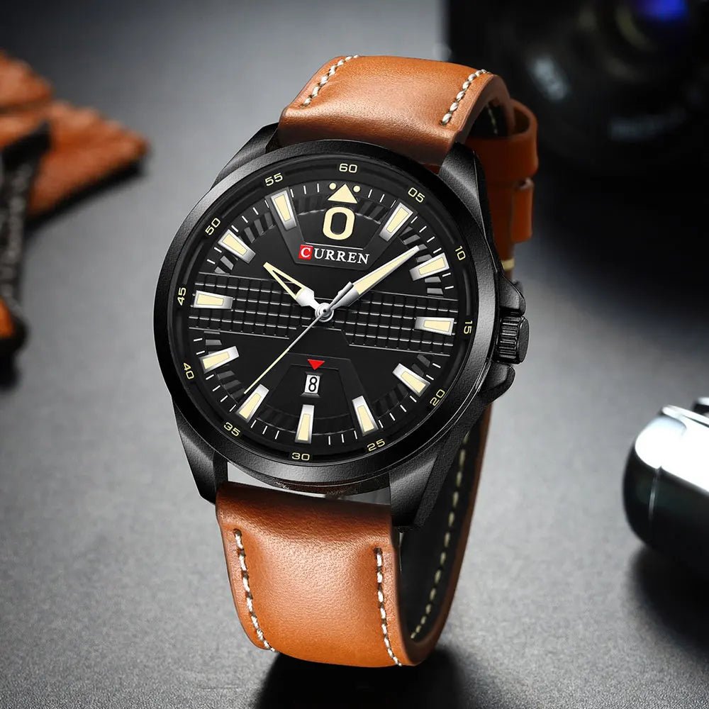 M:8379 Curren Black Dial Black Case Material Alloy Brown Leather Strap Analog Quartz Men's Watch. - Timecheck