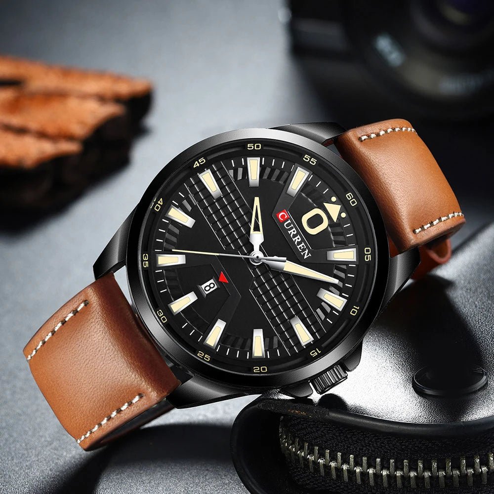 M:8379 Curren Black Dial Black Case Material Alloy Brown Leather Strap Analog Quartz Men's Watch. - Timecheck