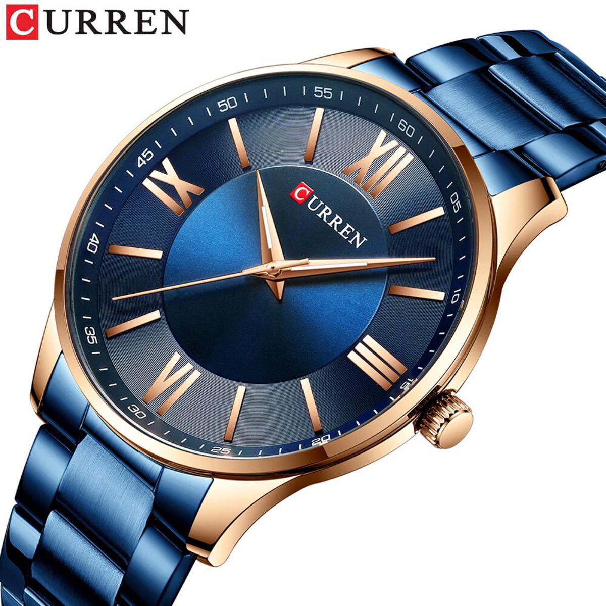 M:8383 Curren Stylish Roman Dial Blue, Blue Chain Analog Quartz Men's Watch. - Timecheck