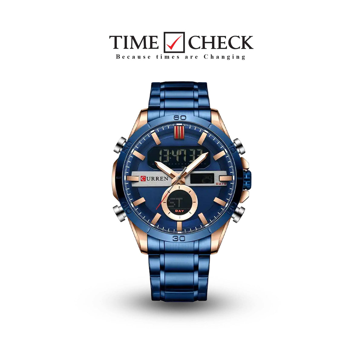 M:8384 Curren Blue Dial Blue Stainless Steel Quartz Analog Digital Men's Watch. - Timecheck