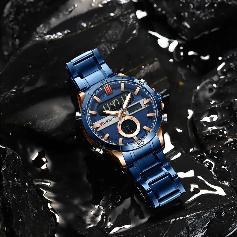M:8384 Curren Blue Dial Blue Stainless Steel Quartz Analog Digital Men's Watch. - Timecheck