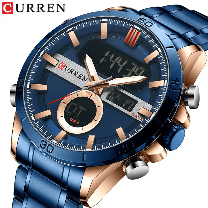 M:8384 Curren Blue Dial Blue Stainless Steel Quartz Analog Digital Men's Watch. - Timecheck