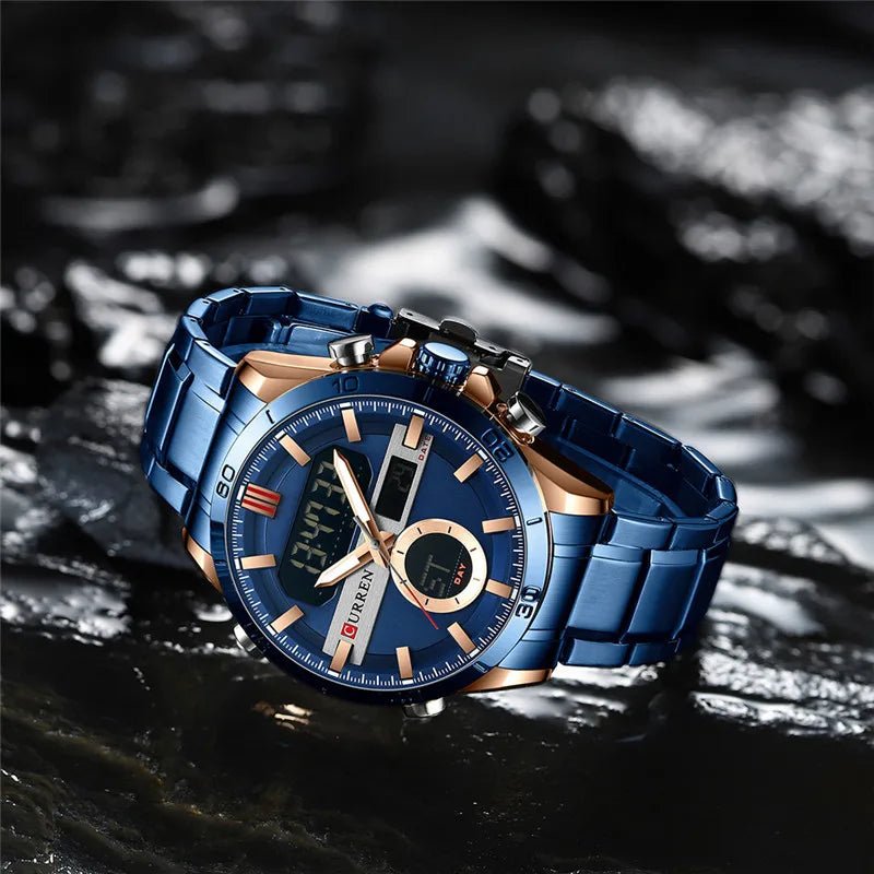 M:8384 Curren Blue Dial Blue Stainless Steel Quartz Analog Digital Men's Watch. - Timecheck