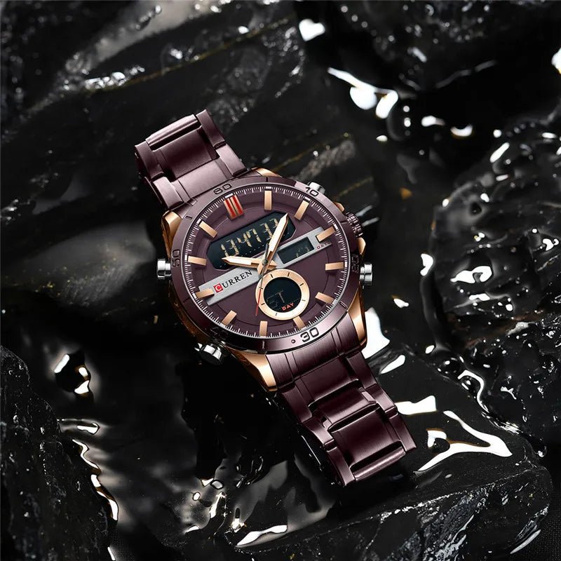 M:8384 Curren brown Dial Brown Stainless Steel Quartz Analog Digital Men's Watch. - Timecheck