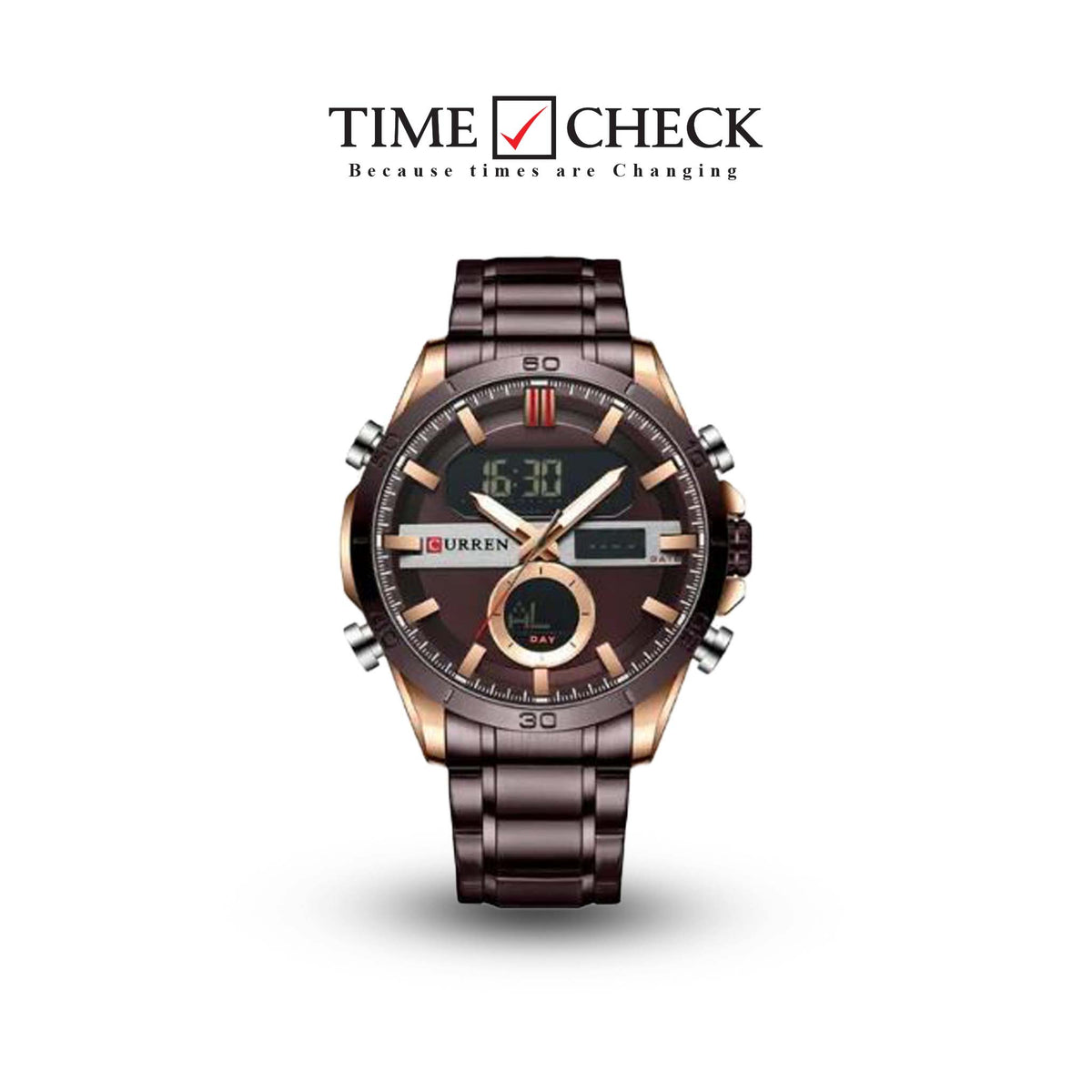 M:8384 Curren brown Dial Brown Stainless Steel Quartz Analog Digital Men's Watch. - Timecheck