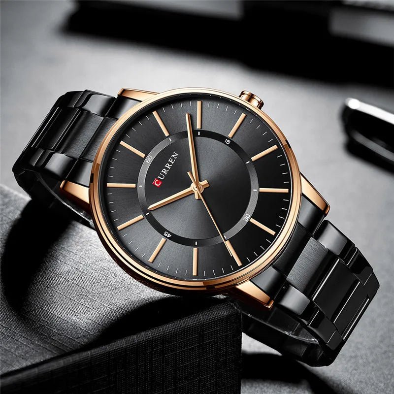 M:8385 Curren Black Dial Black Stainless Steel Chain Analog Quartz Men's Watch. - Timecheck