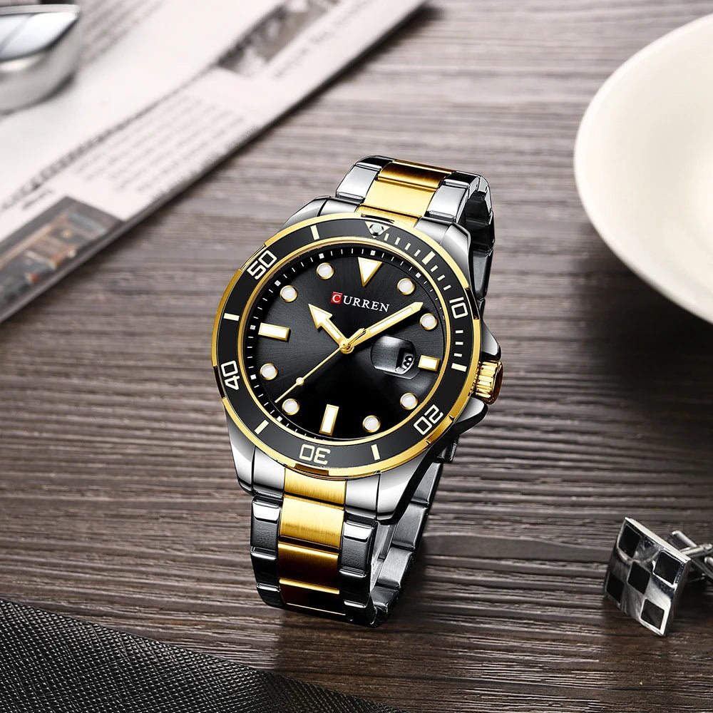 M:8388 Curren Black Dial Silver & Gold Steel Chain Analog Quartz Men's Watch. - Timecheck