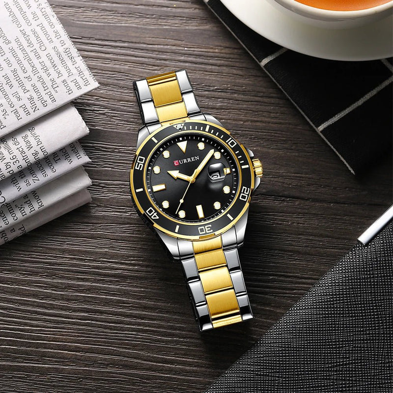 M:8388 Curren Black Dial Silver & Gold Steel Chain Analog Quartz Men's Watch. - Timecheck