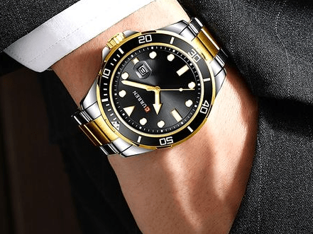 M:8388 Curren Black Dial Silver & Gold Steel Chain Analog Quartz Men's Watch. - Timecheck