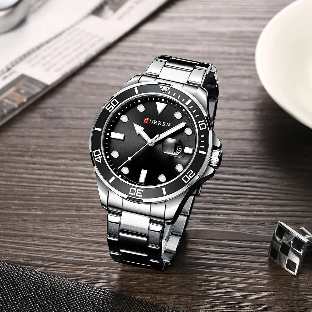 M:8388 Curren Black Dial Silver Stainless Steel Chain Analog Quartz Men's Watch. - Timecheck