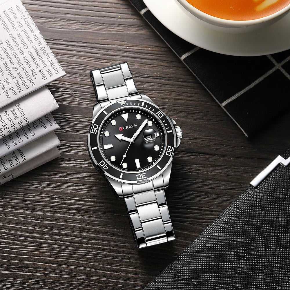 M:8388 Curren Black Dial Silver Stainless Steel Chain Analog Quartz Men's Watch. - Timecheck