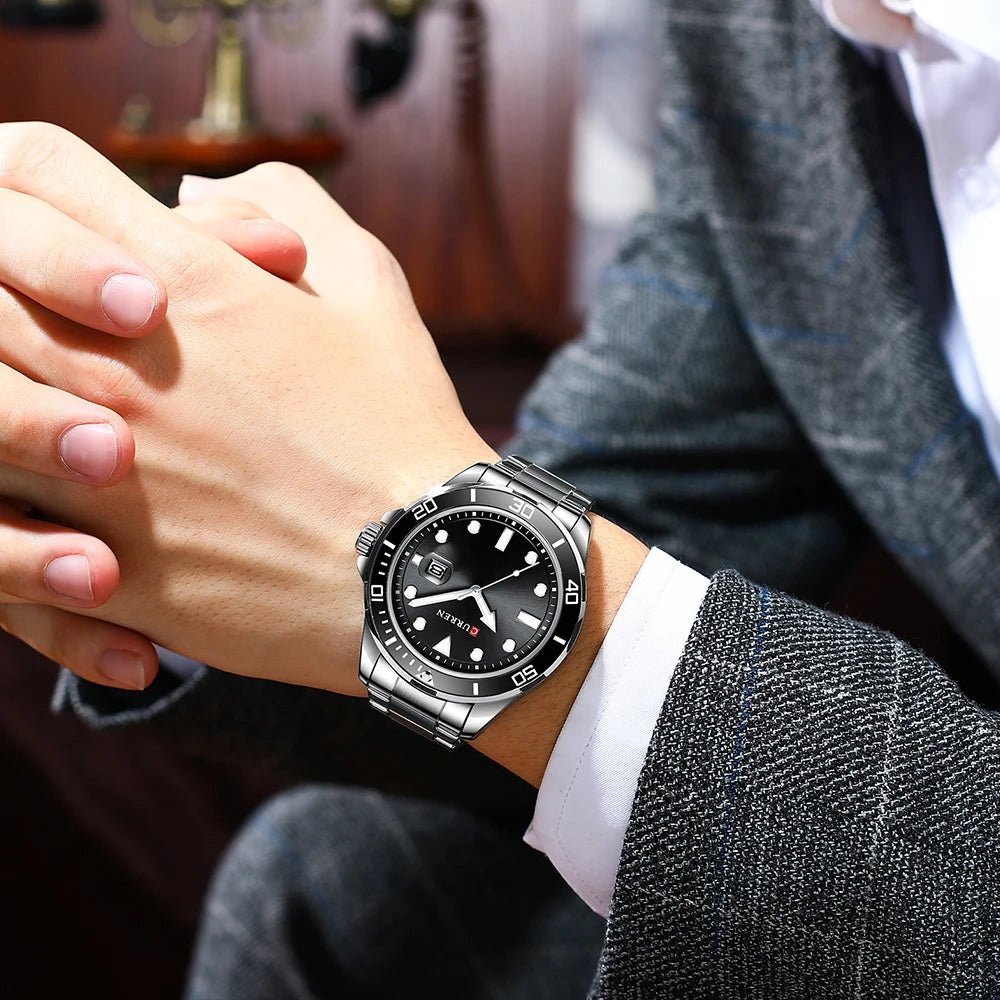 M:8388 Curren Black Dial Silver Stainless Steel Chain Analog Quartz Men's Watch. - Timecheck