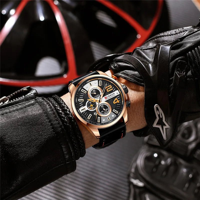 M:8393 Curren Black Dial Black Leather Strap Chronograph Analog Quartz Men's Watch. - Timecheck