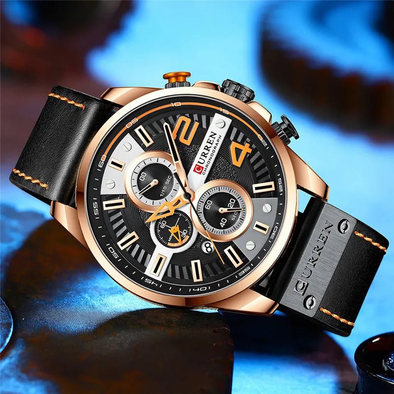 M:8393 Curren Black Dial Black Leather Strap Chronograph Analog Quartz Men's Watch. - Timecheck