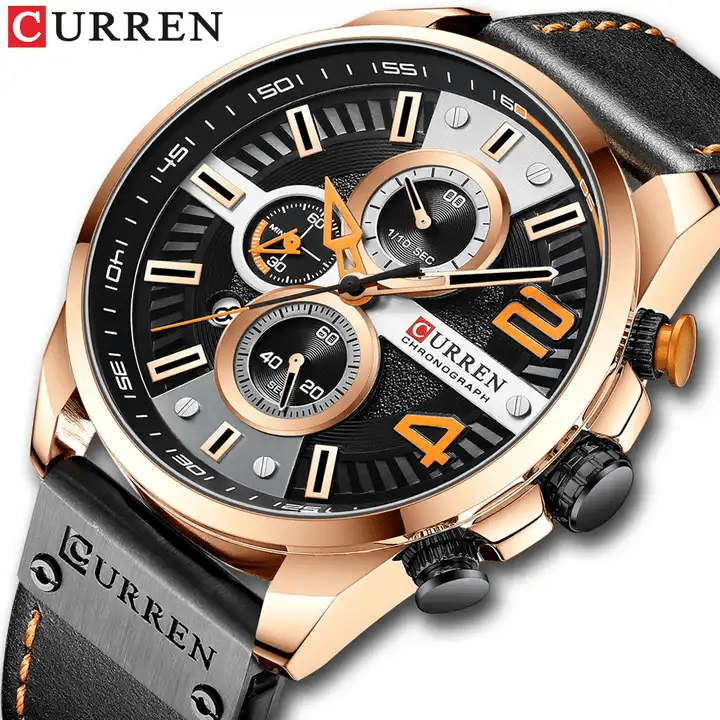 M:8393 Curren Black Dial Black Leather Strap Chronograph Analog Quartz Men's Watch. - Timecheck