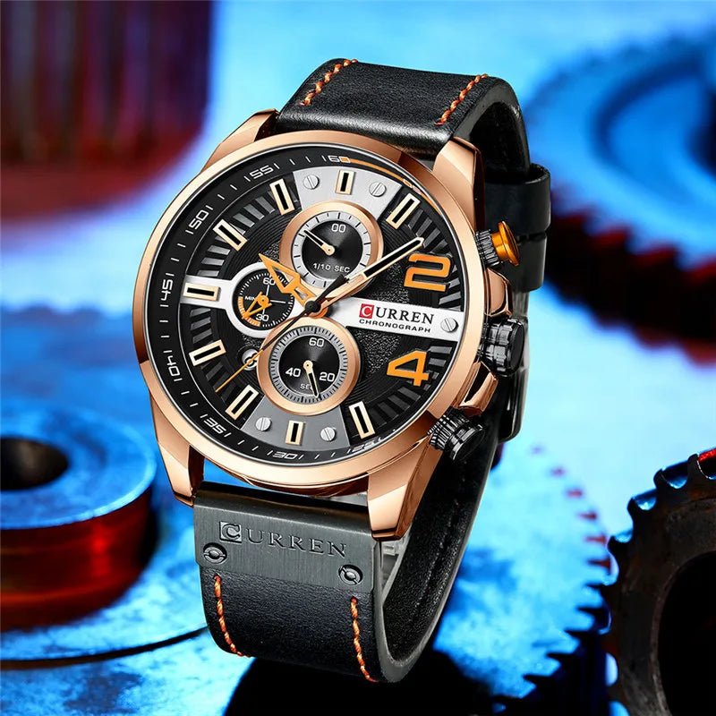 M:8393 Curren Black Dial Black Leather Strap Chronograph Analog Quartz Men's Watch. - Timecheck