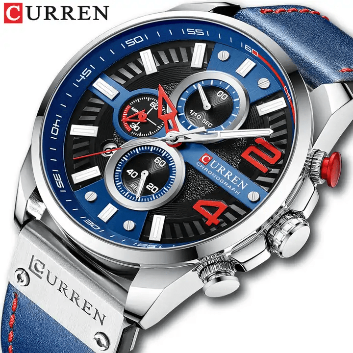 M:8393 Curren Blue Dial Blue Leather Strap Chronograph Analog Quartz Men's Watch. - Timecheck