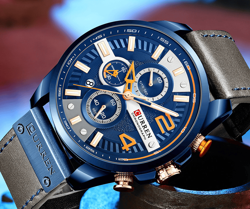 M:8393 Curren Blue Dial Gray Leather Strap Chronograph Analog Quartz Men's Watch. - Timecheck
