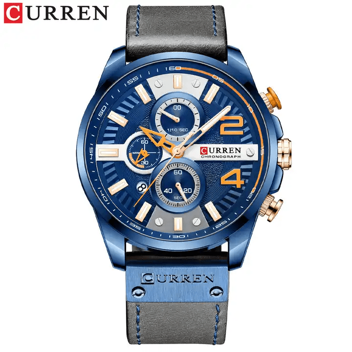 M:8393 Curren Blue Dial Gray Leather Strap Chronograph Analog Quartz Men's Watch. - Timecheck