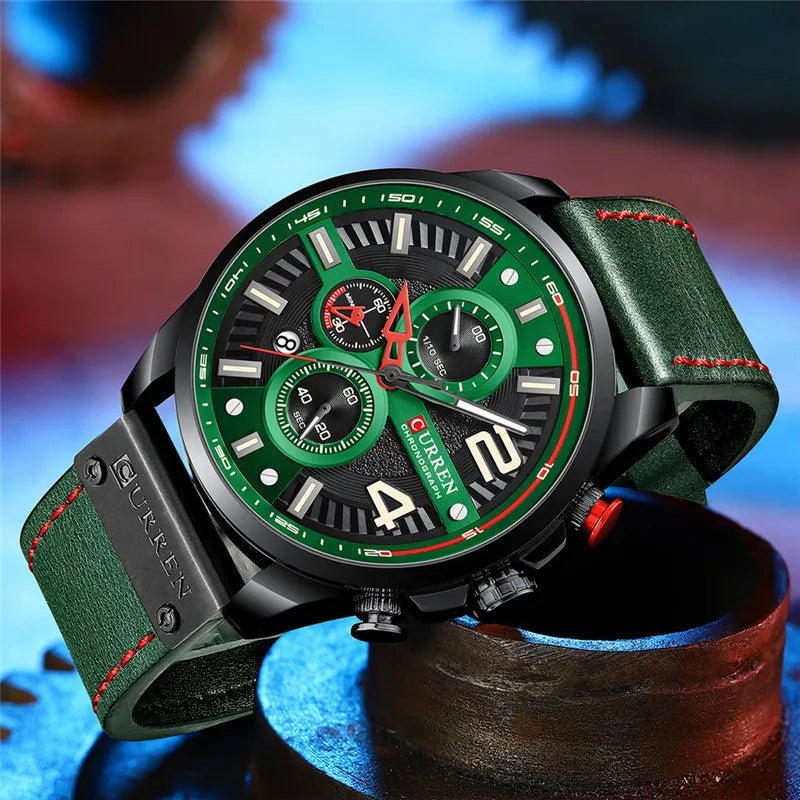 M:8393 Curren Green Dial Green Leather Strap Chronograph Analog Quartz Men's Watch. - Timecheck